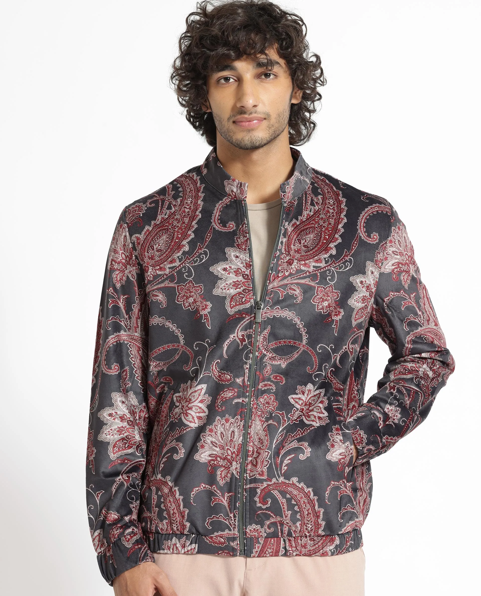 Rare Rabbit Men's Dalia Black Paisley Printed Velvet Smart Jacket