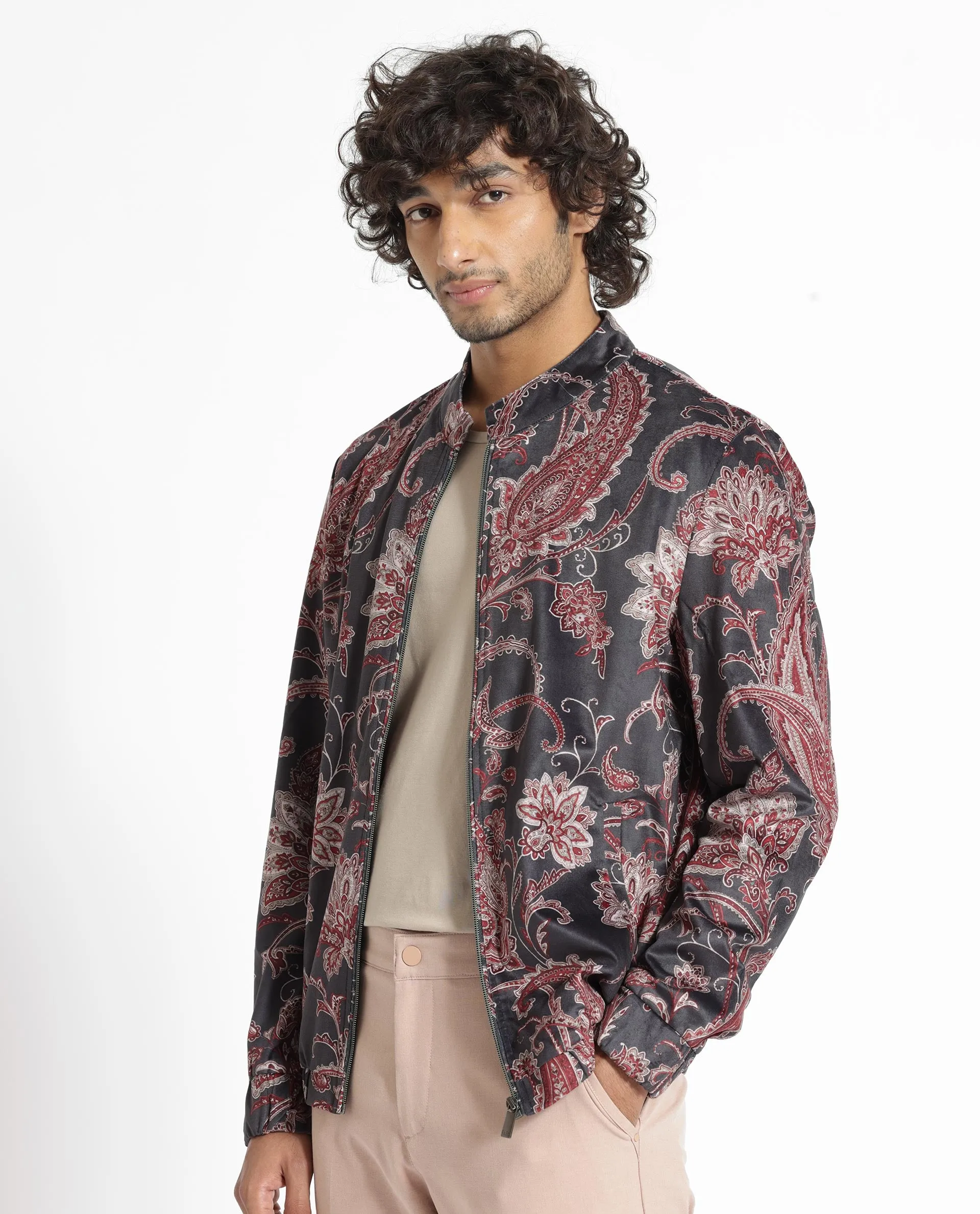 Rare Rabbit Men's Dalia Black Paisley Printed Velvet Smart Jacket