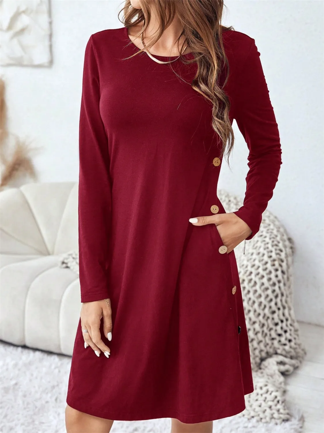 Round Neck Long Sleeve Mini Dress with Pockets