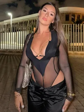 See Through Black V-Neck Long Sleeve Bodysuit