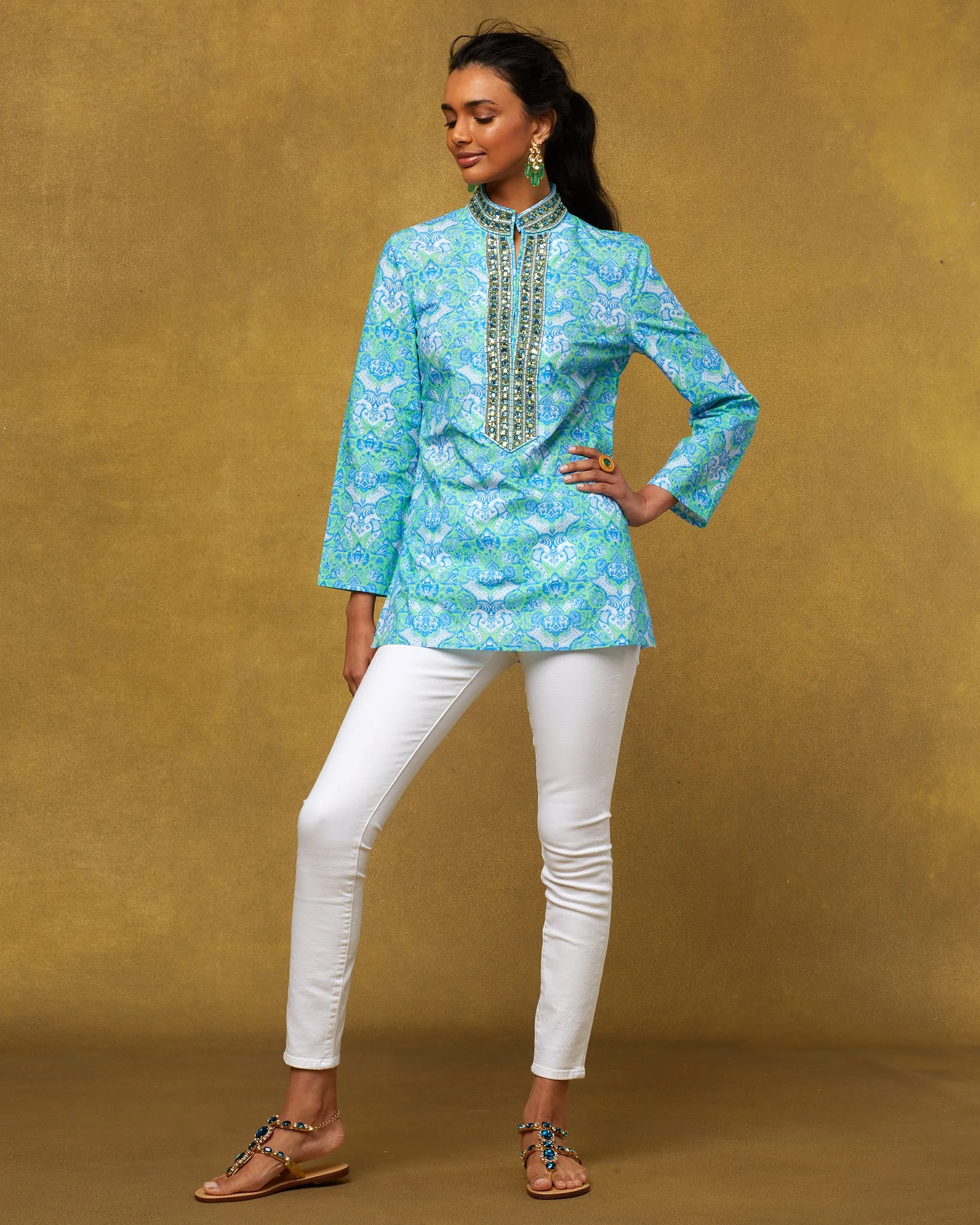 Shalimar Tunic in Turquoise and Green and Topaz Crystal Embellishment