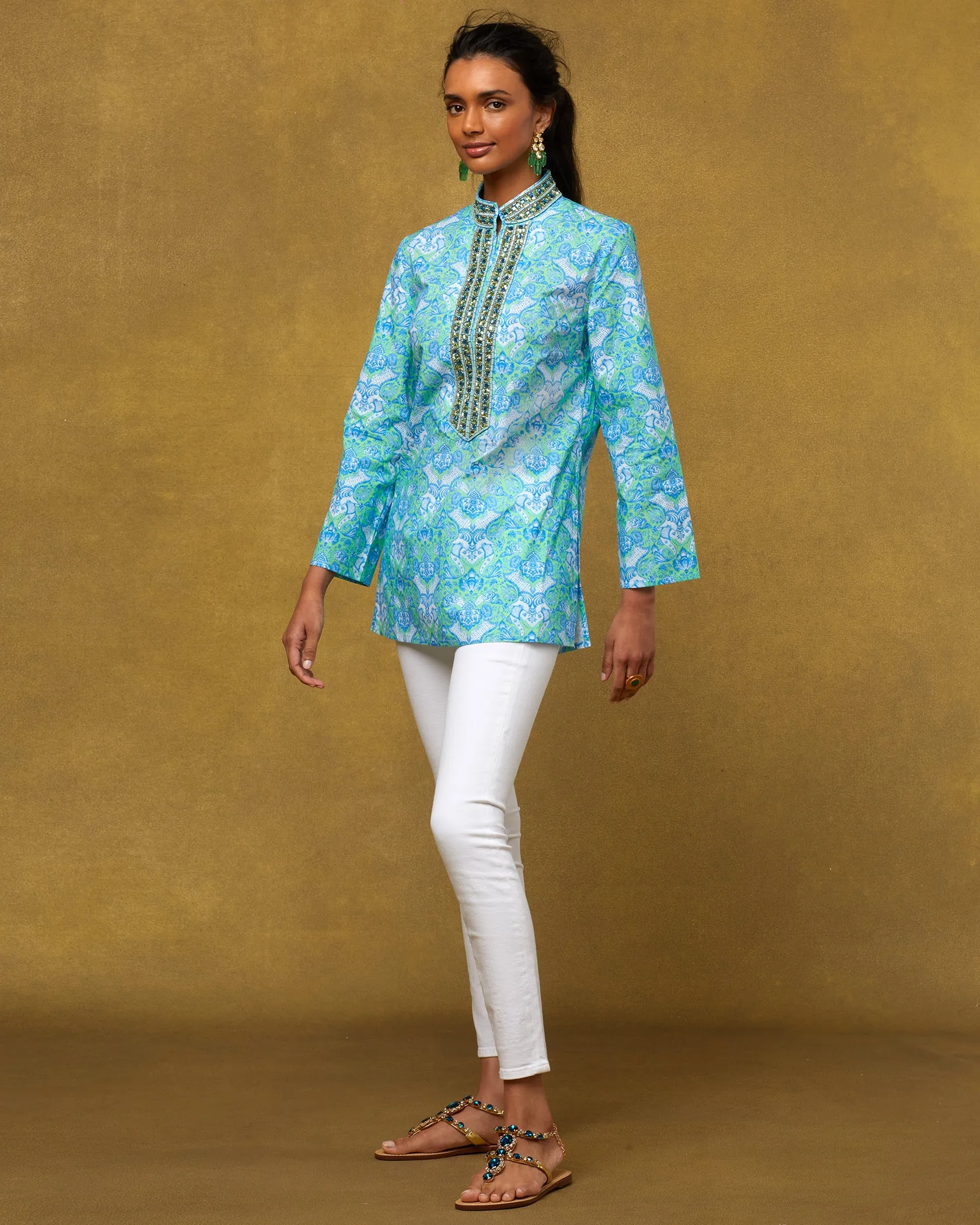 Shalimar Tunic in Turquoise and Green and Topaz Crystal Embellishment