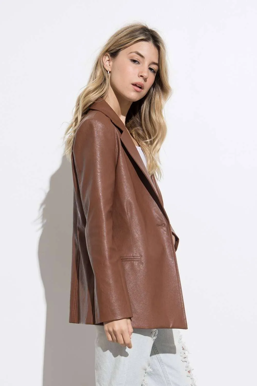 She's in Charge Brown Leather Blazer