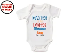 Short Sleeve Custom Name Bodysuit with Master of the Diaper Blowout