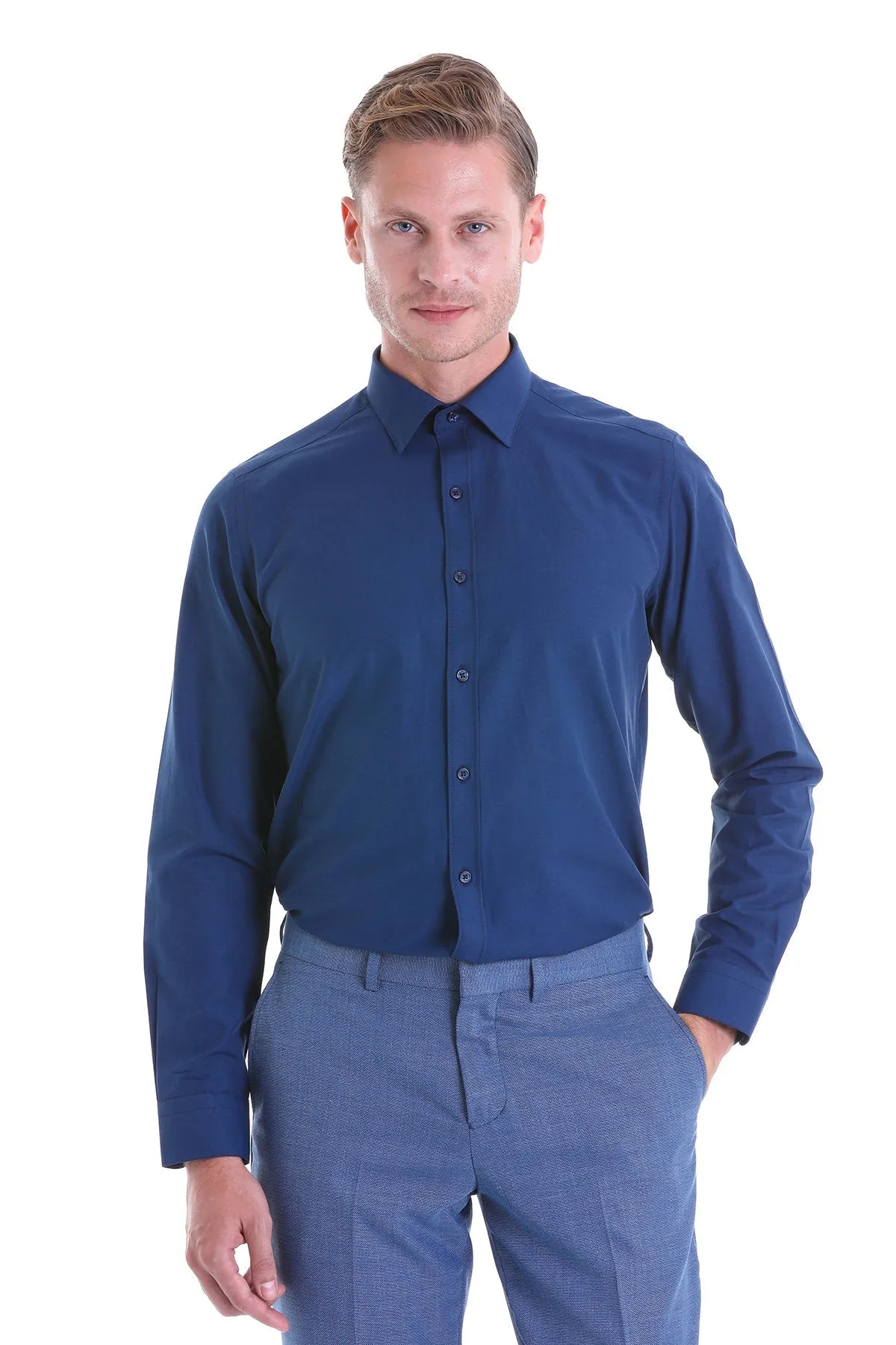 Slim Fit Navy Cotton Blend Dress Shirt