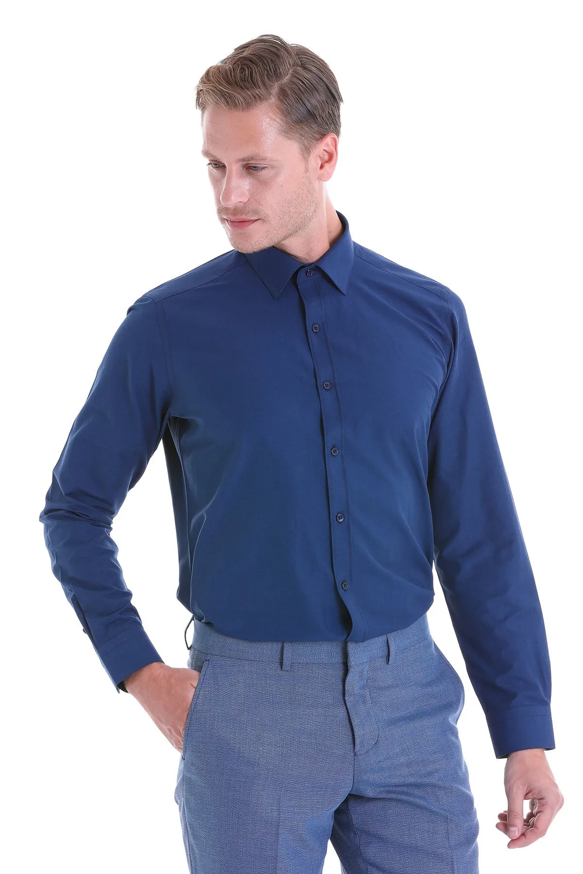 Slim Fit Navy Cotton Blend Dress Shirt