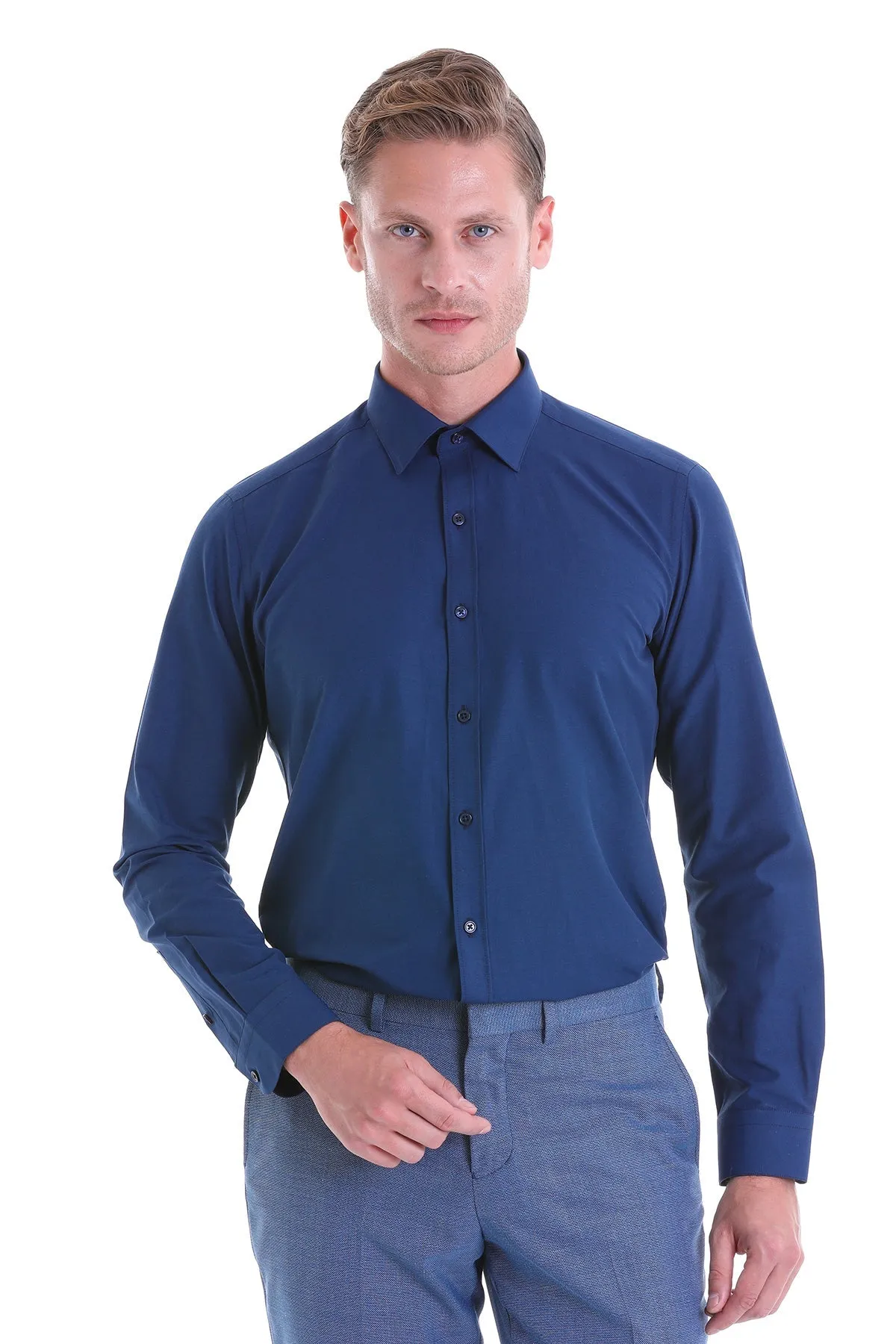 Slim Fit Navy Cotton Blend Dress Shirt