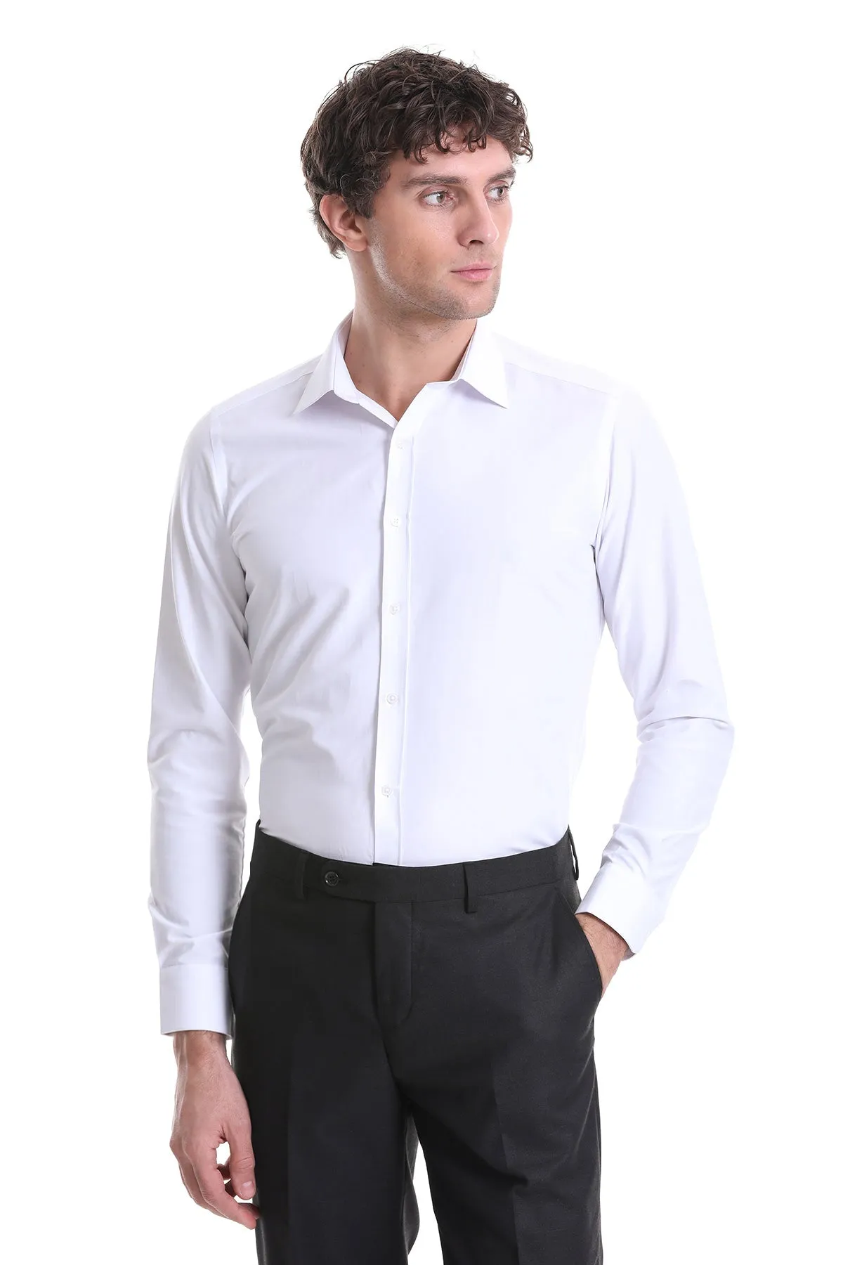 Slim Fit White Cotton Blend Dress Shirt