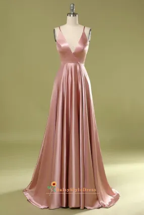 Spaghetti Straps Dusty Pink Slit Prom Dress