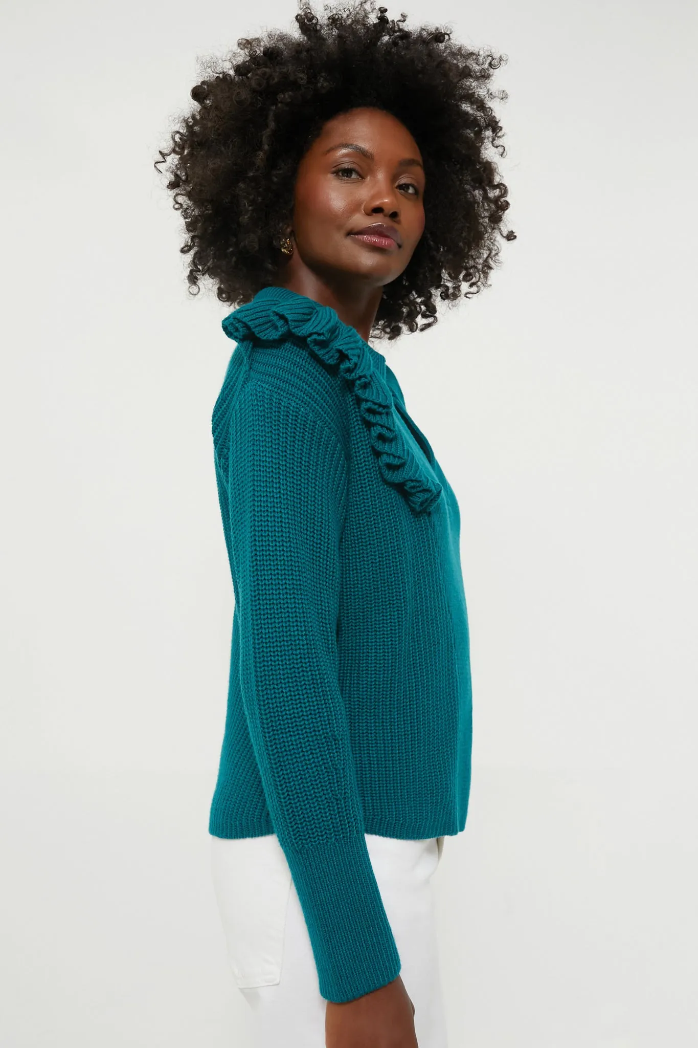 Teal Ruffle Casey Collared V-Neck Sweater