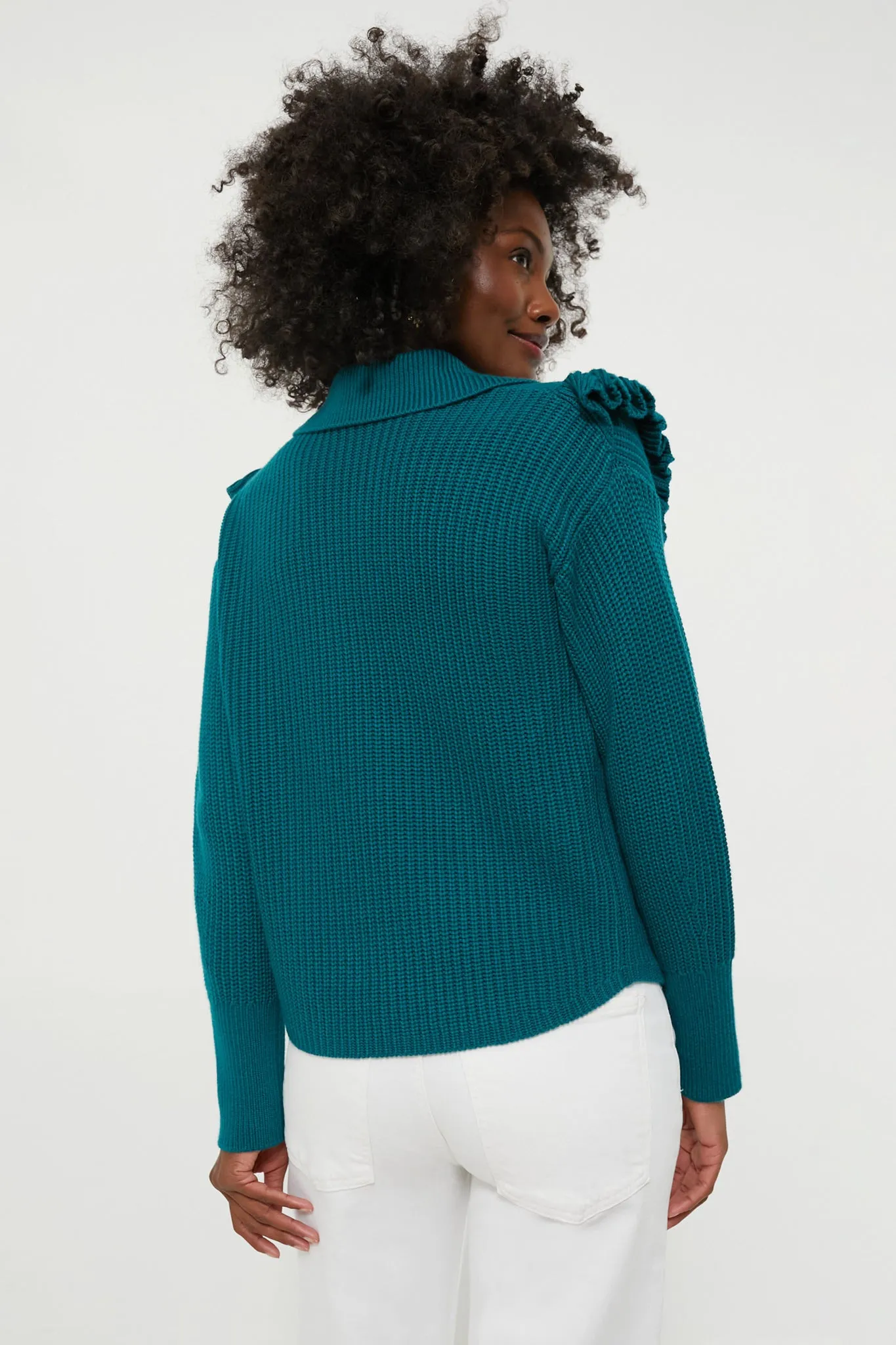 Teal Ruffle Casey Collared V-Neck Sweater