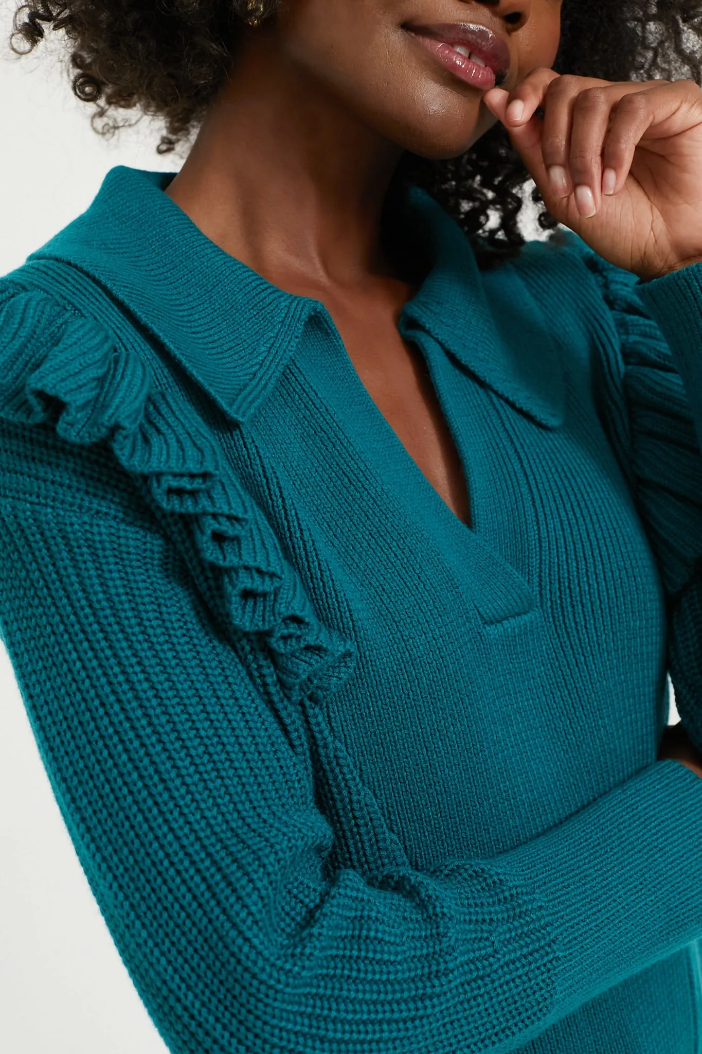 Teal Ruffle Casey Collared V-Neck Sweater