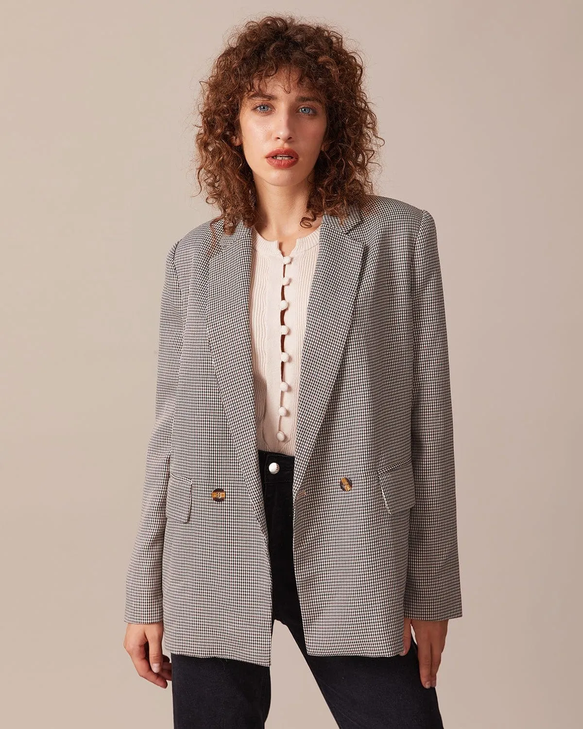 The Coffee Lapel Houndstooth Button Blazer