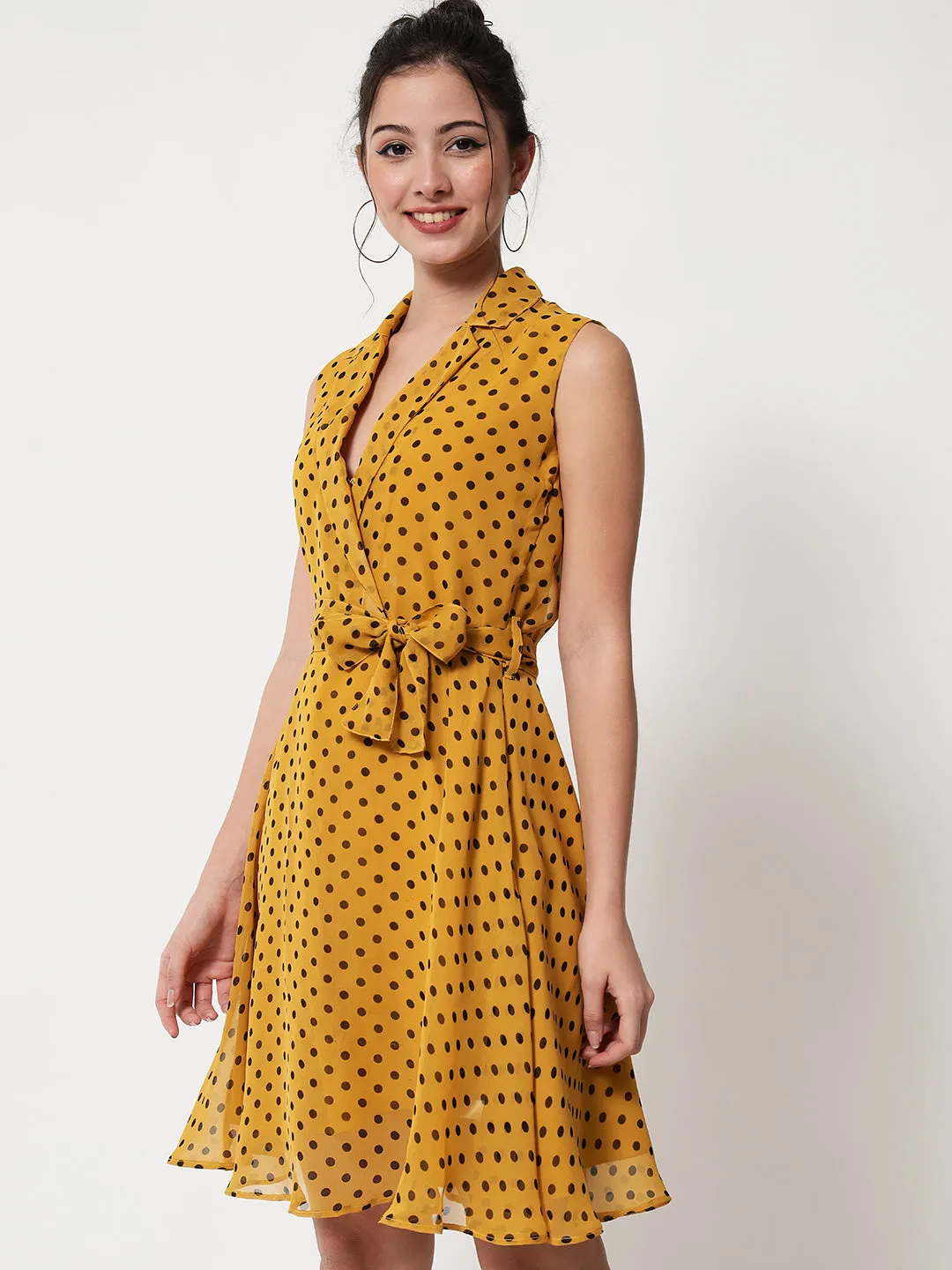 Tie-Up A-Line Polka Dot Yellow Dress