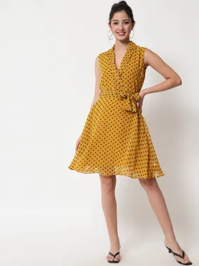 Tie-Up A-Line Polka Dot Yellow Dress