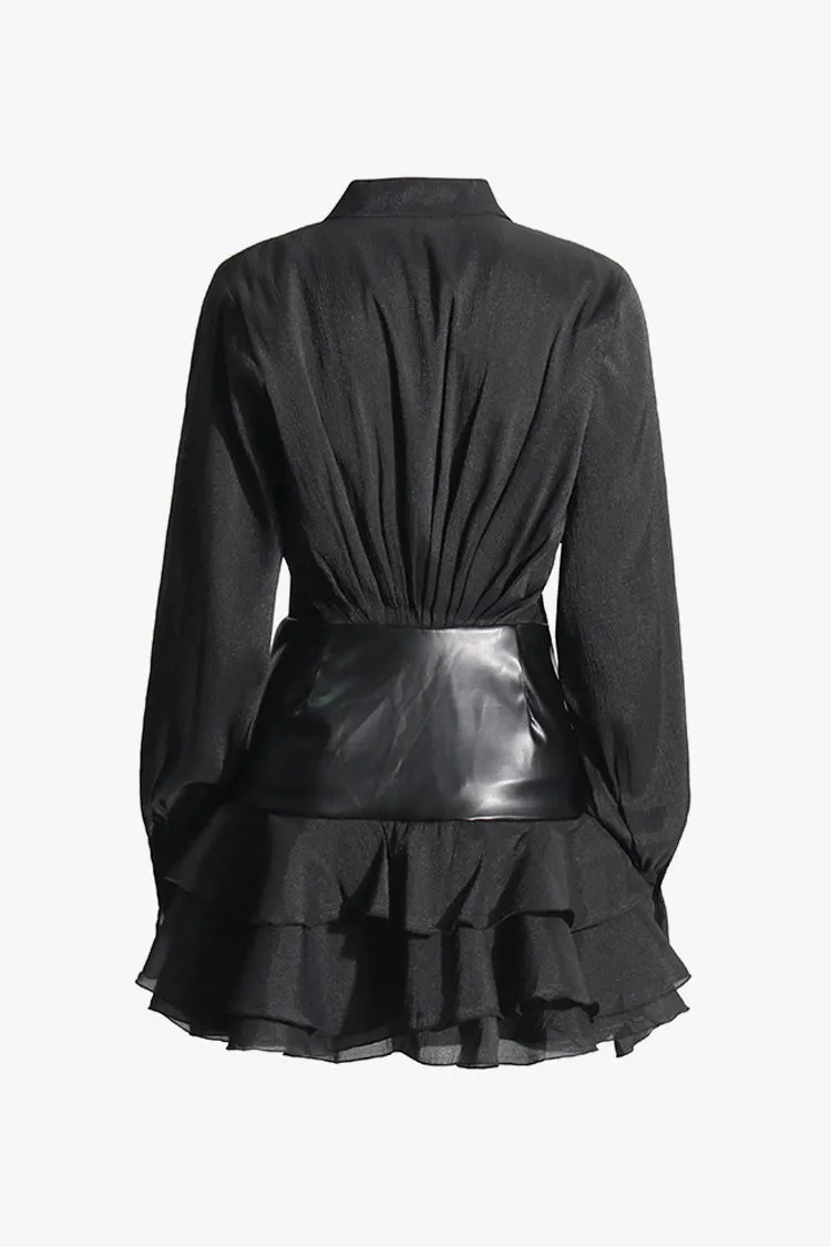 Unique Collar Button Up Ruched Leather Panel Ruffle Layered Mini Shirt Dress