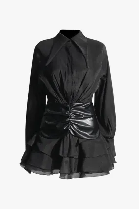 Unique Collar Button Up Ruched Leather Panel Ruffle Layered Mini Shirt Dress