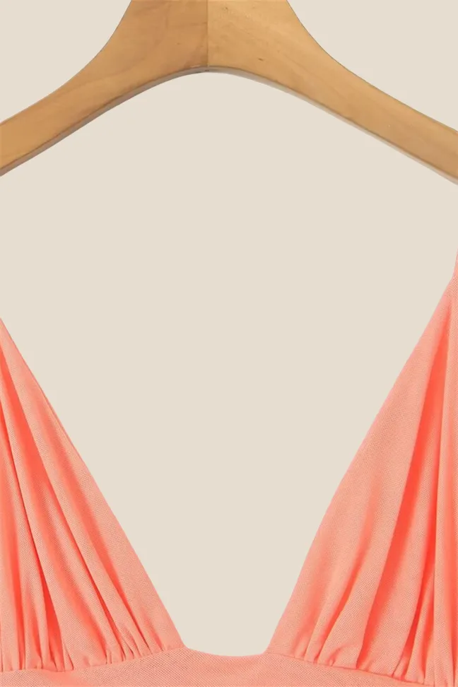 V-neck Orange Ruched Short Dress with Streamer