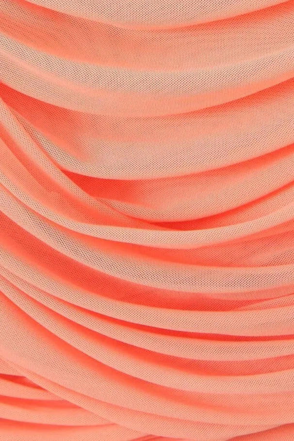 V-neck Orange Ruched Short Dress with Streamer