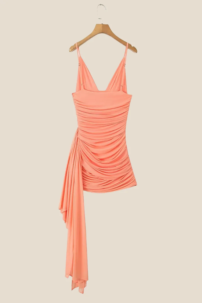 V-neck Orange Ruched Short Dress with Streamer