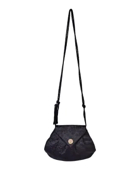 Valentino Vintage Black Rose Quilted Grosgrain Rope Tassel Evening Crossbody Bag