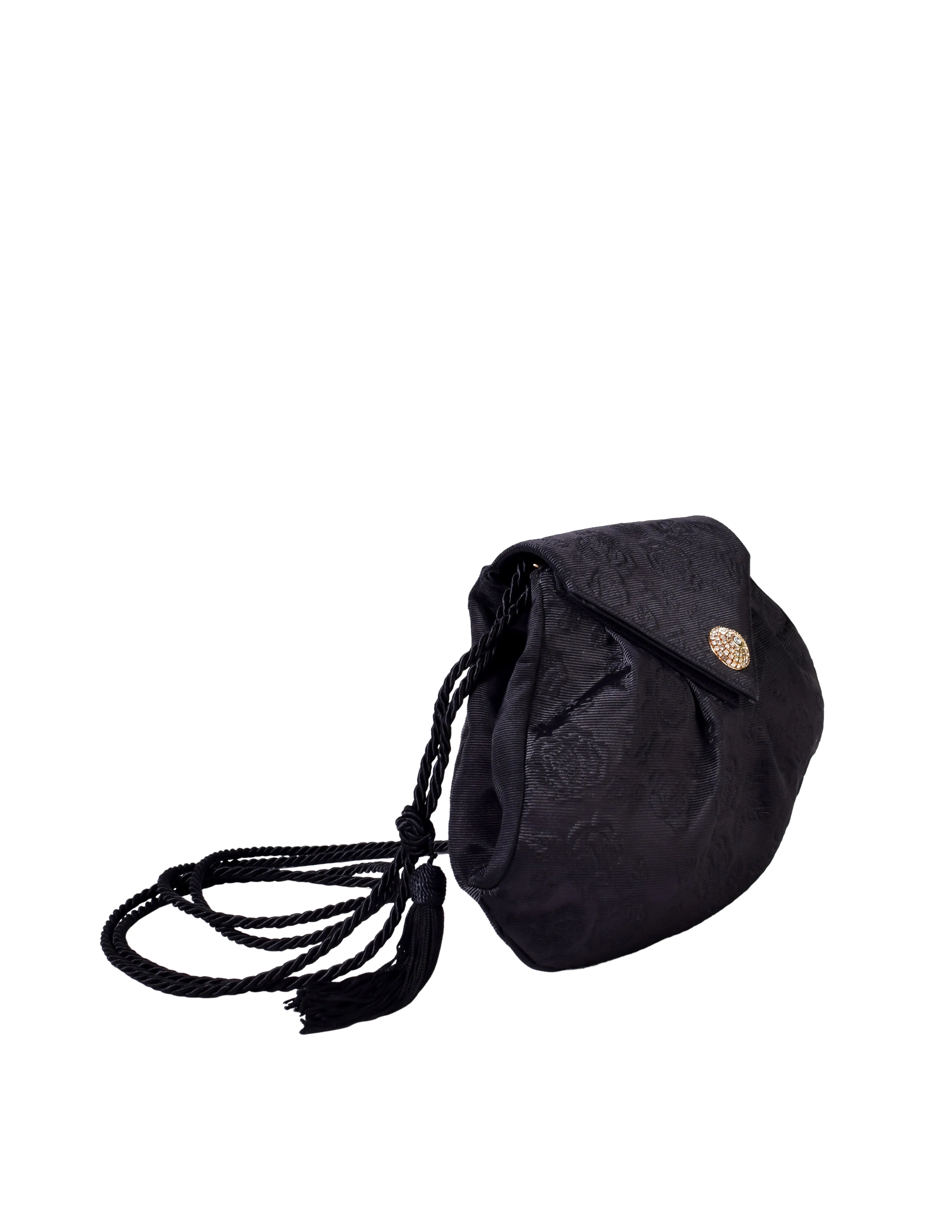 Valentino Vintage Black Rose Quilted Grosgrain Rope Tassel Evening Crossbody Bag