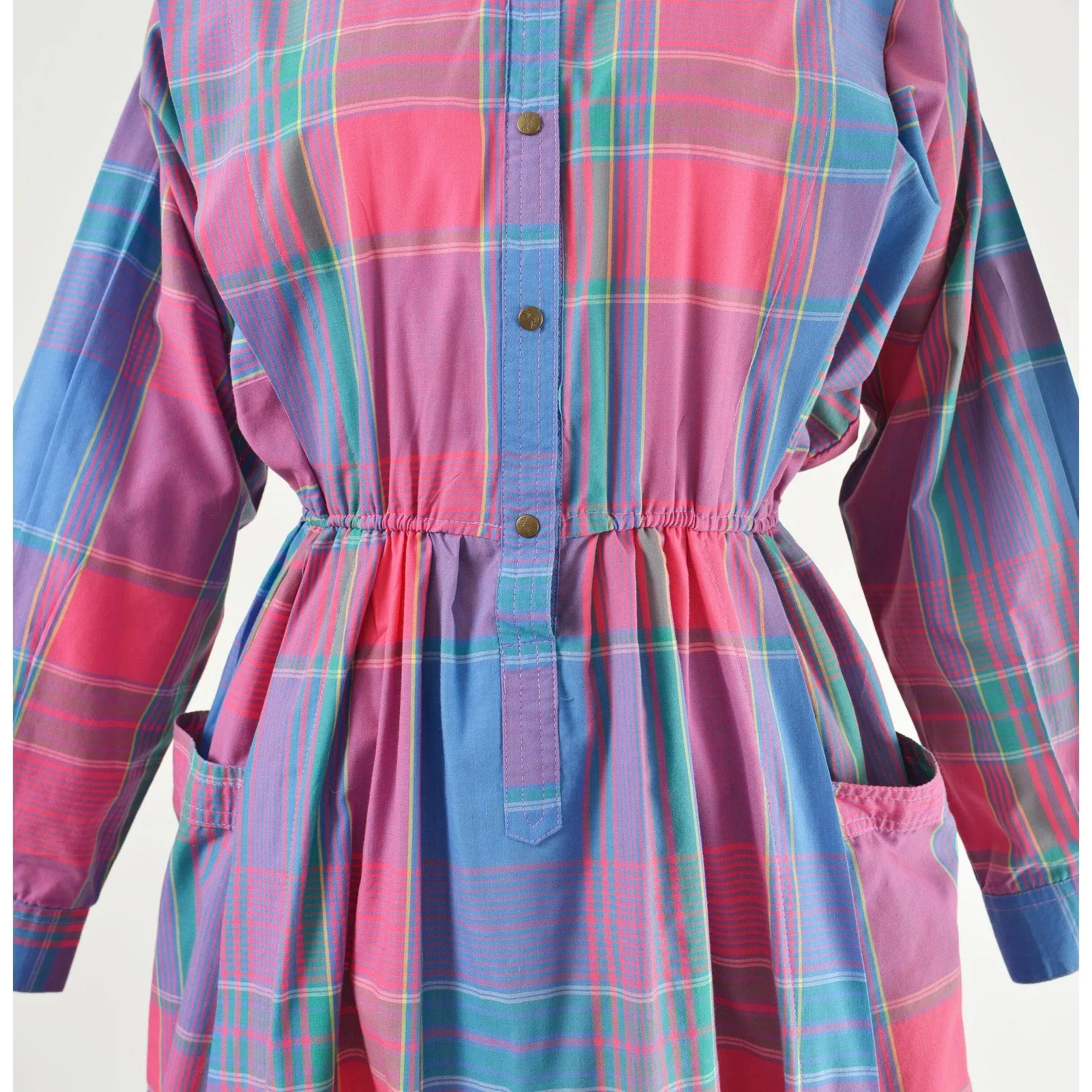 Vintage 80s Blue and Pink Plaid Collared Long Sleeve Full Midi Shirt Dress and Belt size S M