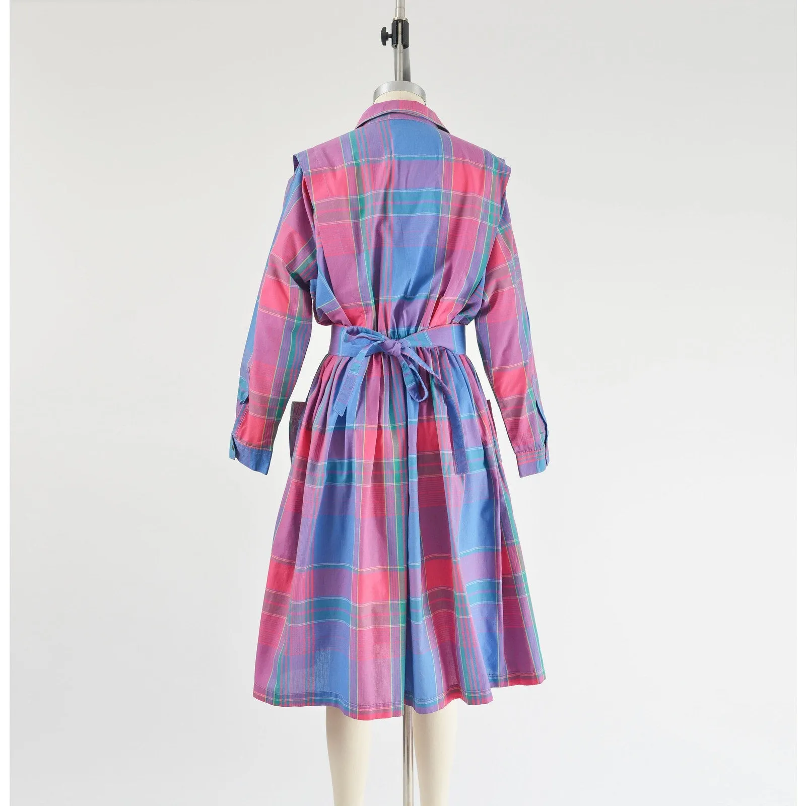 Vintage 80s Blue and Pink Plaid Collared Long Sleeve Full Midi Shirt Dress and Belt size S M