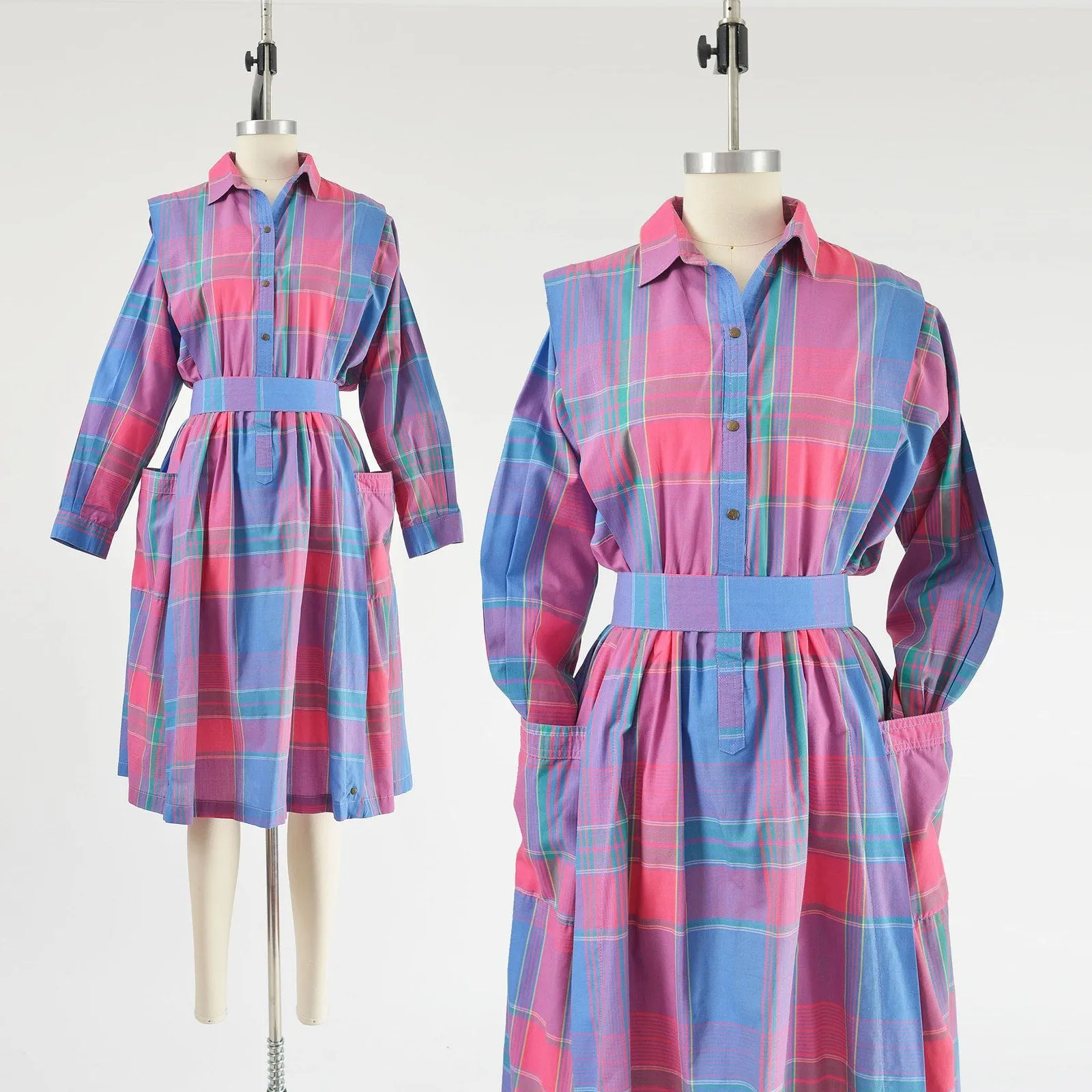 Vintage 80s Blue and Pink Plaid Collared Long Sleeve Full Midi Shirt Dress and Belt size S M