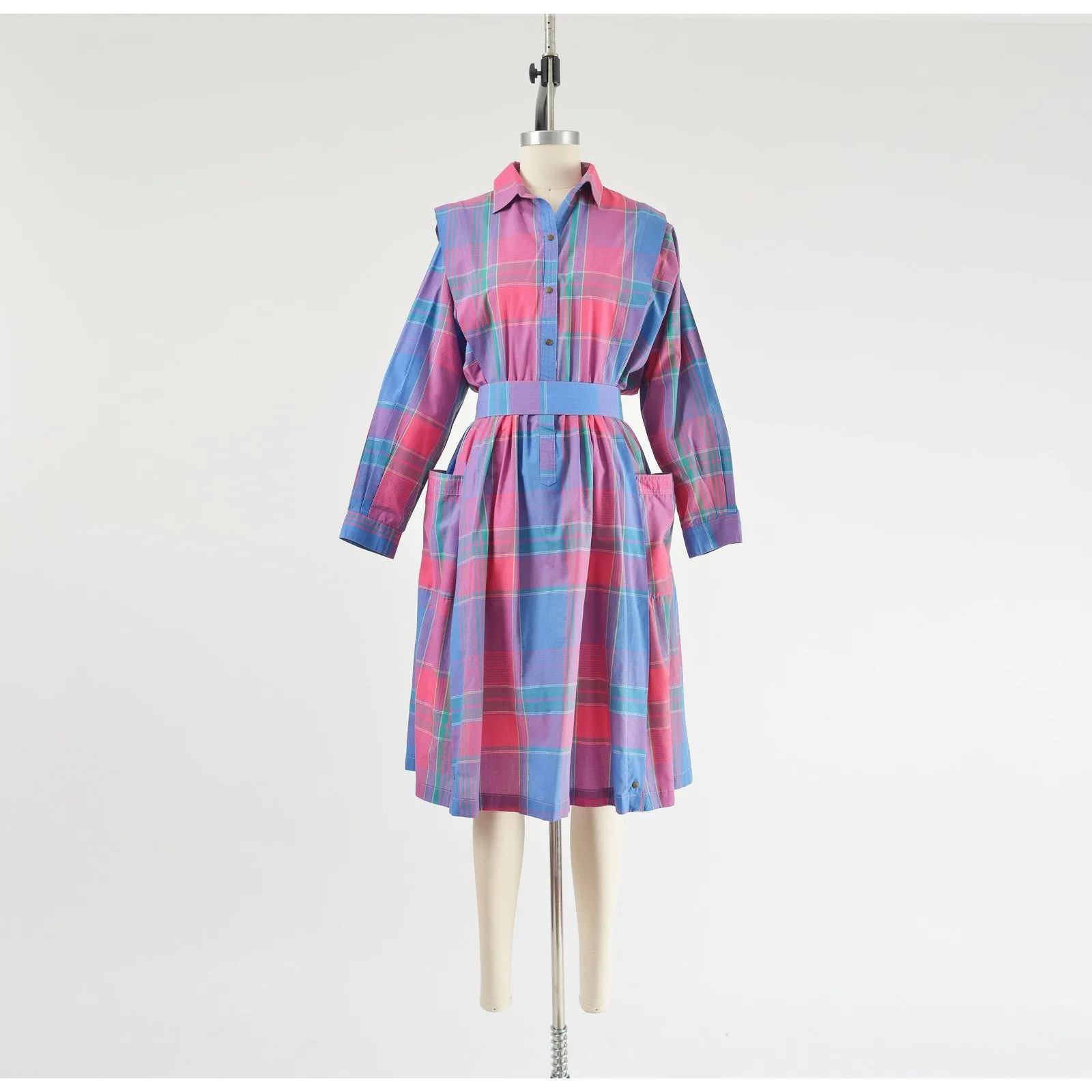 Vintage 80s Blue and Pink Plaid Collared Long Sleeve Full Midi Shirt Dress and Belt size S M