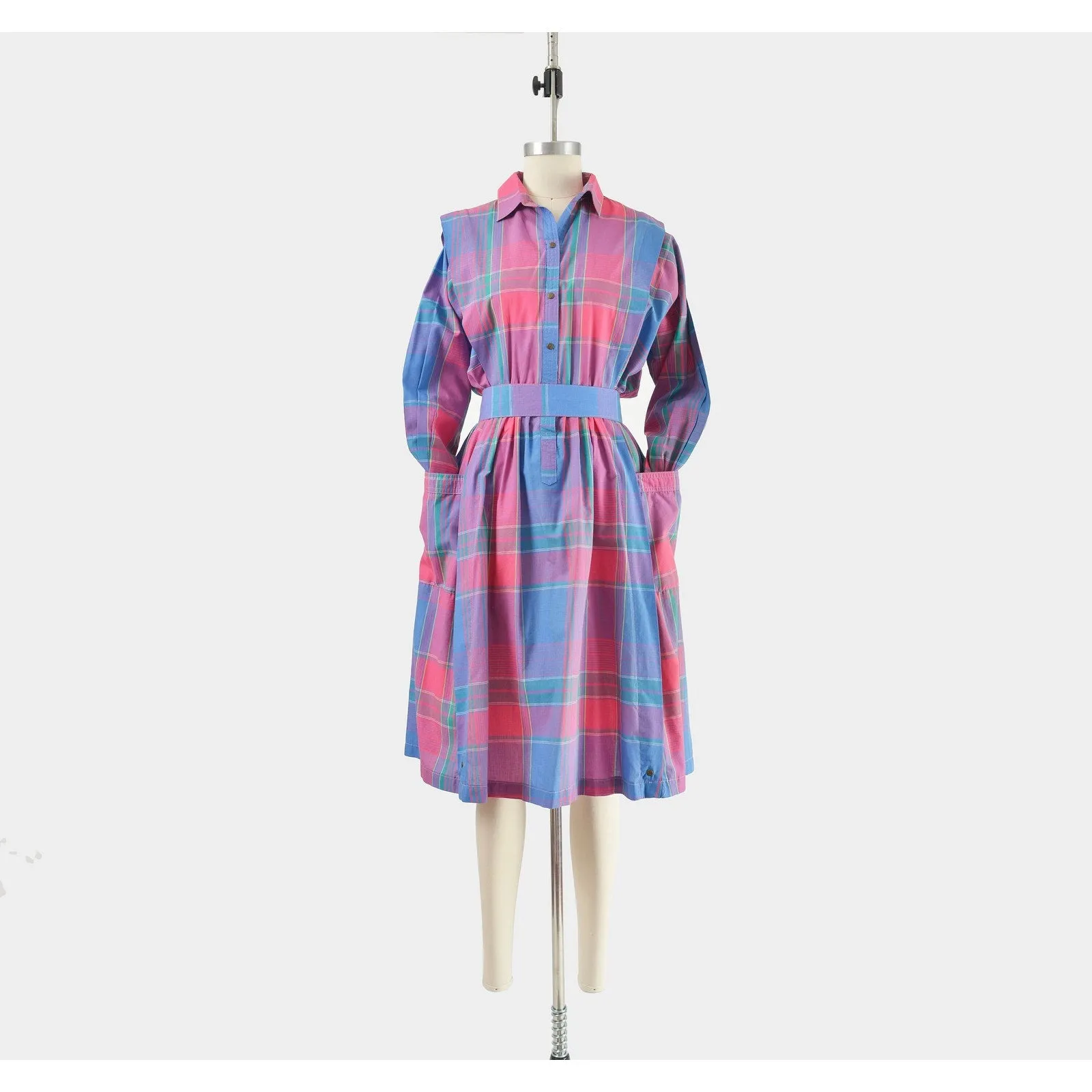 Vintage 80s Blue and Pink Plaid Collared Long Sleeve Full Midi Shirt Dress and Belt size S M