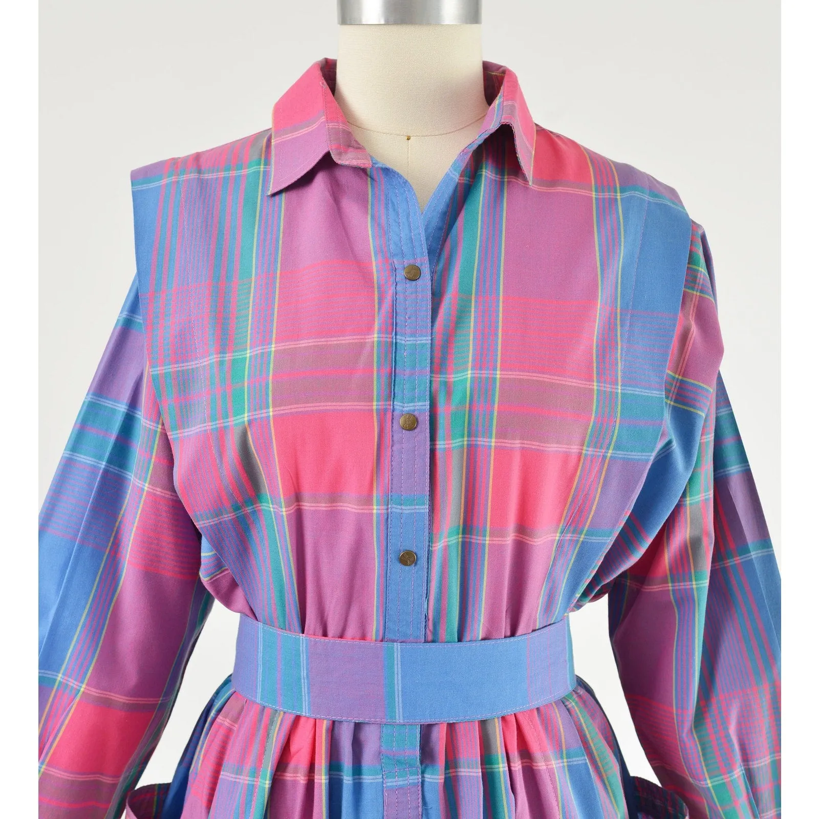 Vintage 80s Blue and Pink Plaid Collared Long Sleeve Full Midi Shirt Dress and Belt size S M