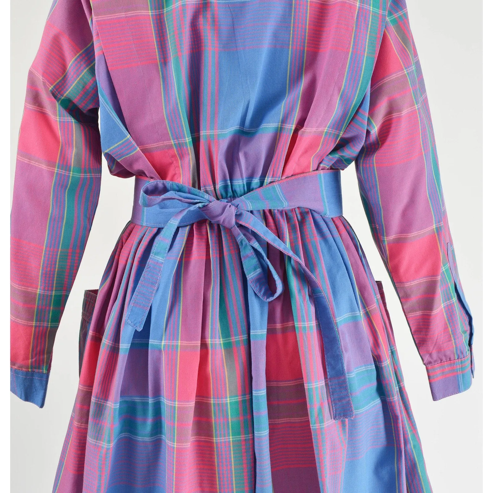 Vintage 80s Blue and Pink Plaid Collared Long Sleeve Full Midi Shirt Dress and Belt size S M