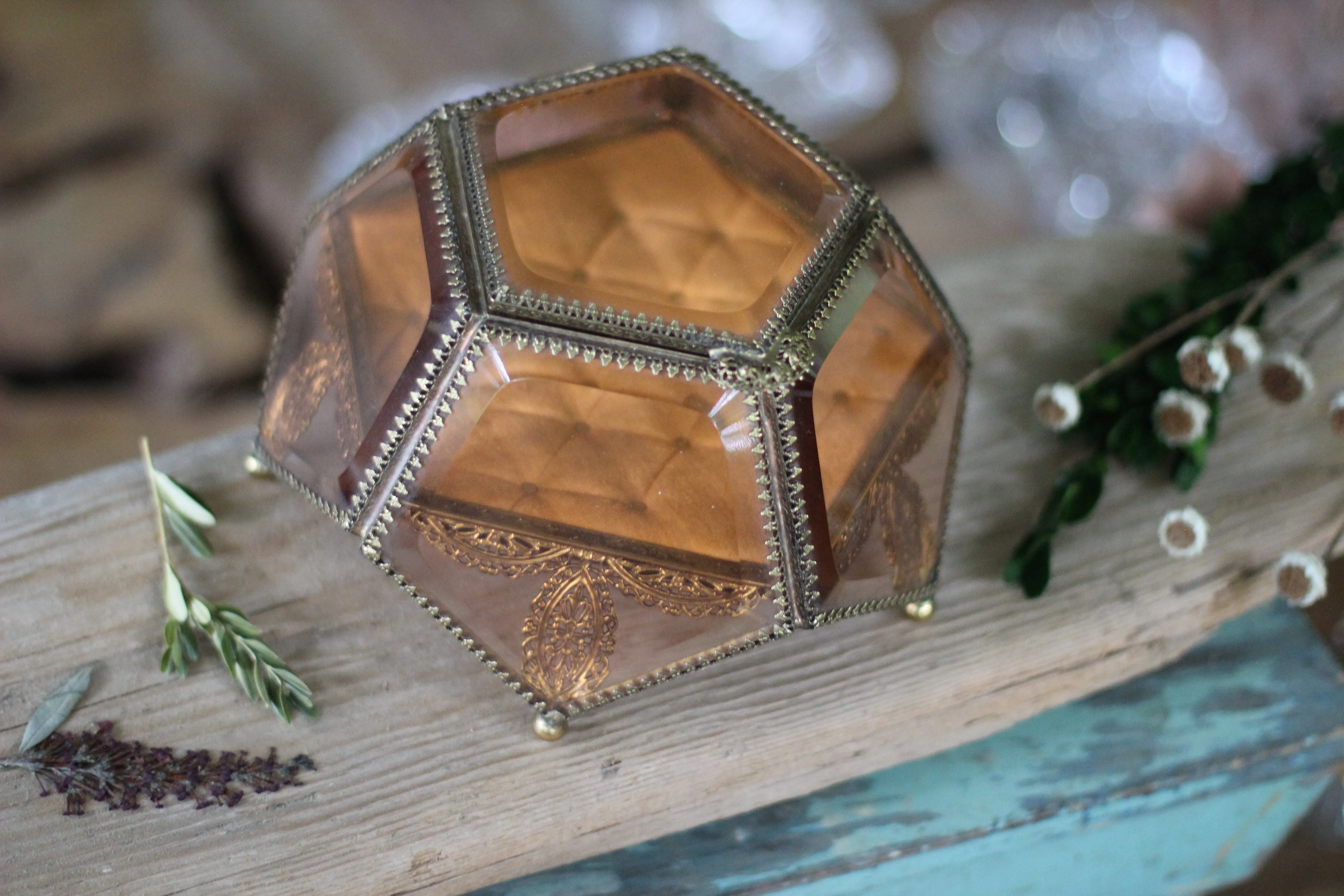 Vintage Amber Tinted French Victorian Rare Jewelry Box - Reserved