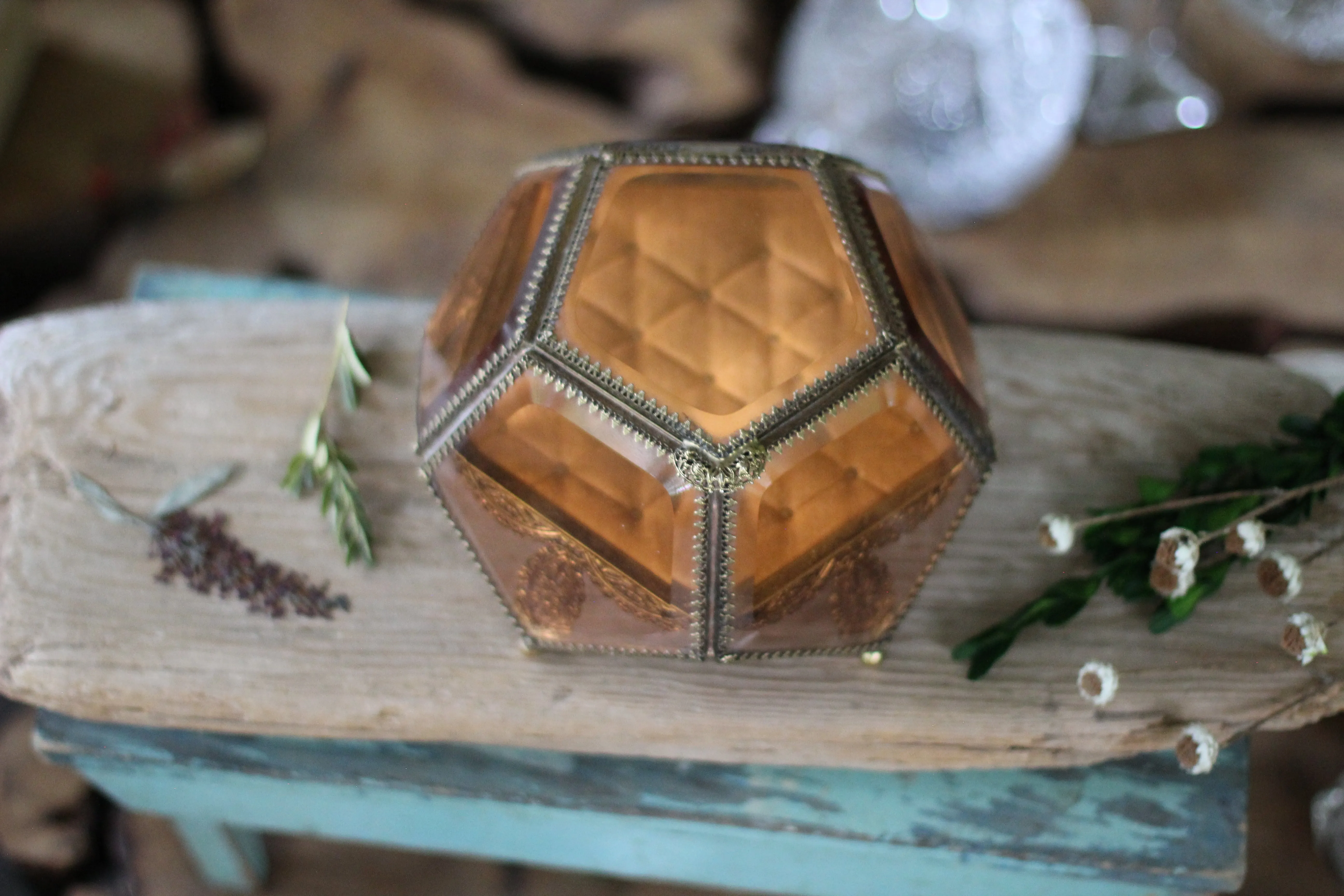 Vintage Amber Tinted French Victorian Rare Jewelry Box - Reserved