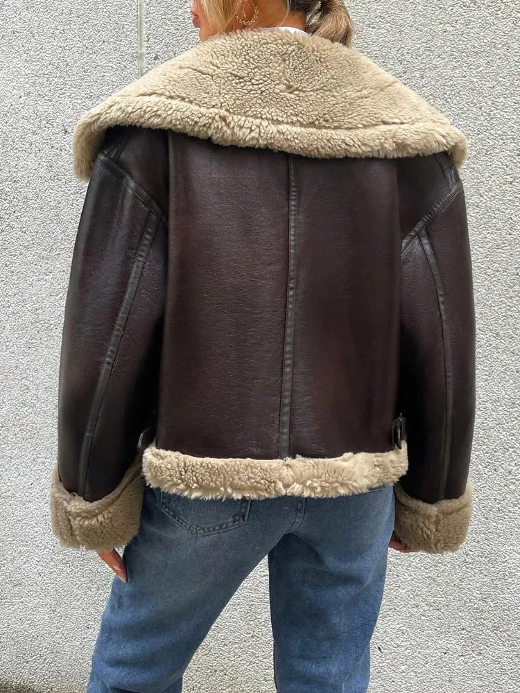 Women Shearling-Lined Bomber - Cozy Faux Leather Jacket