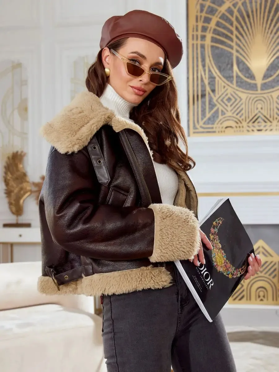 Women Shearling-Lined Bomber - Cozy Faux Leather Jacket