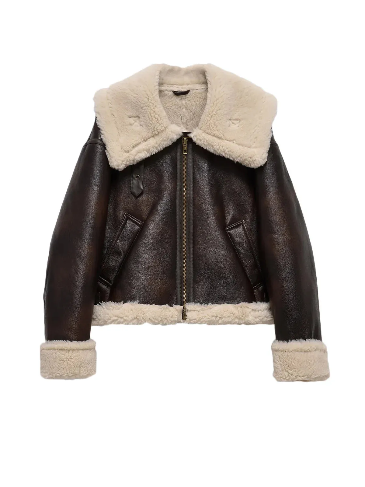 Women Shearling-Lined Bomber - Cozy Faux Leather Jacket