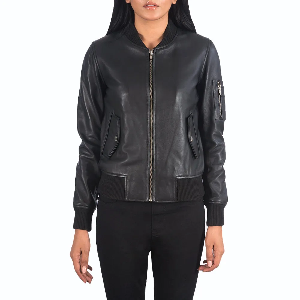 Womens Aviator Black Leather Bomber Jacket