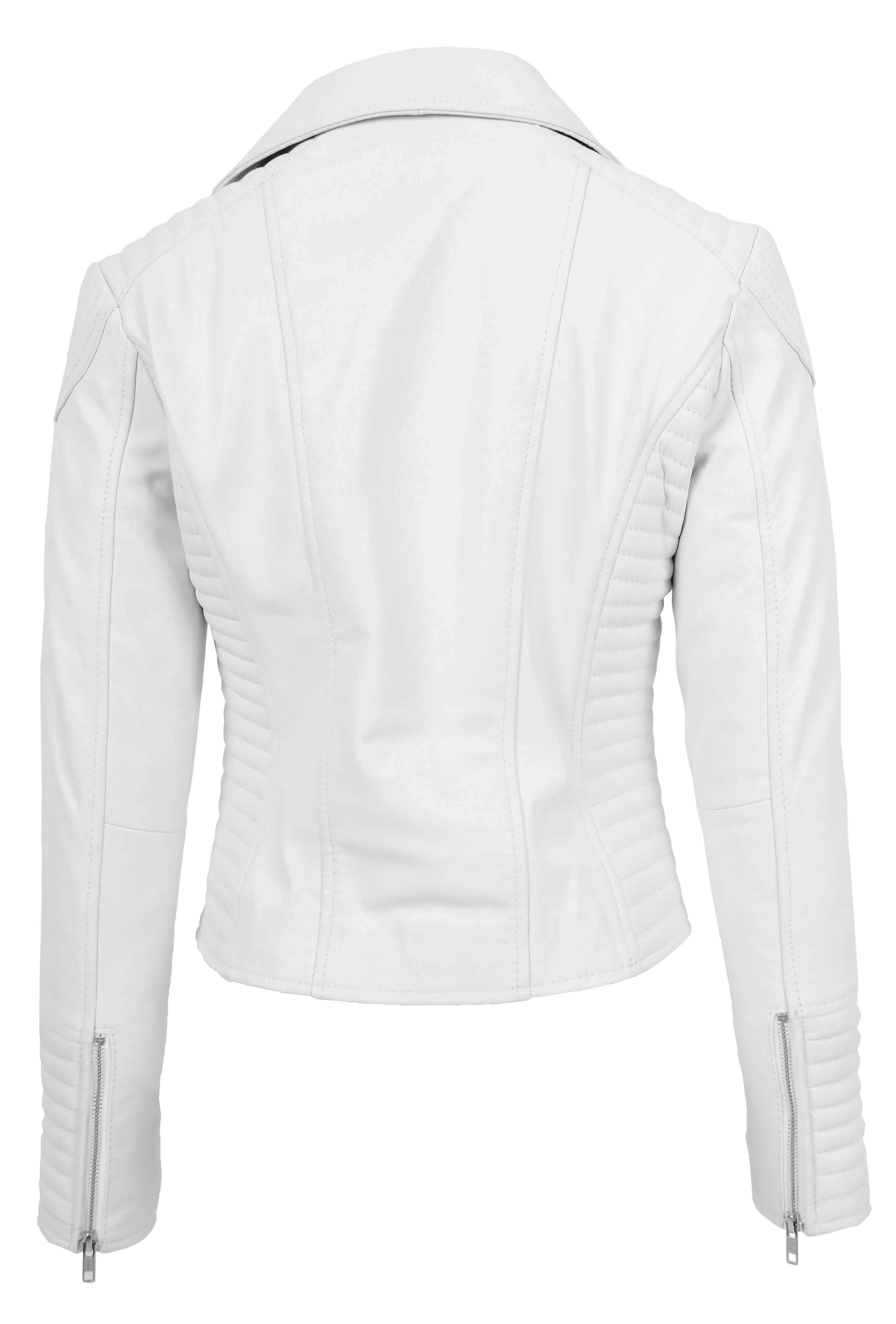 Womens Designer Leather Biker Jacket Fitted Quilted Bonita White