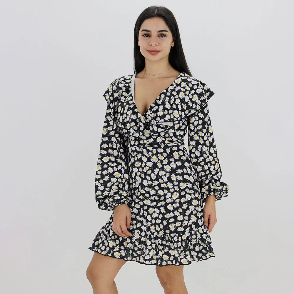 Women's Floral Printed Ruffled Dress,Black