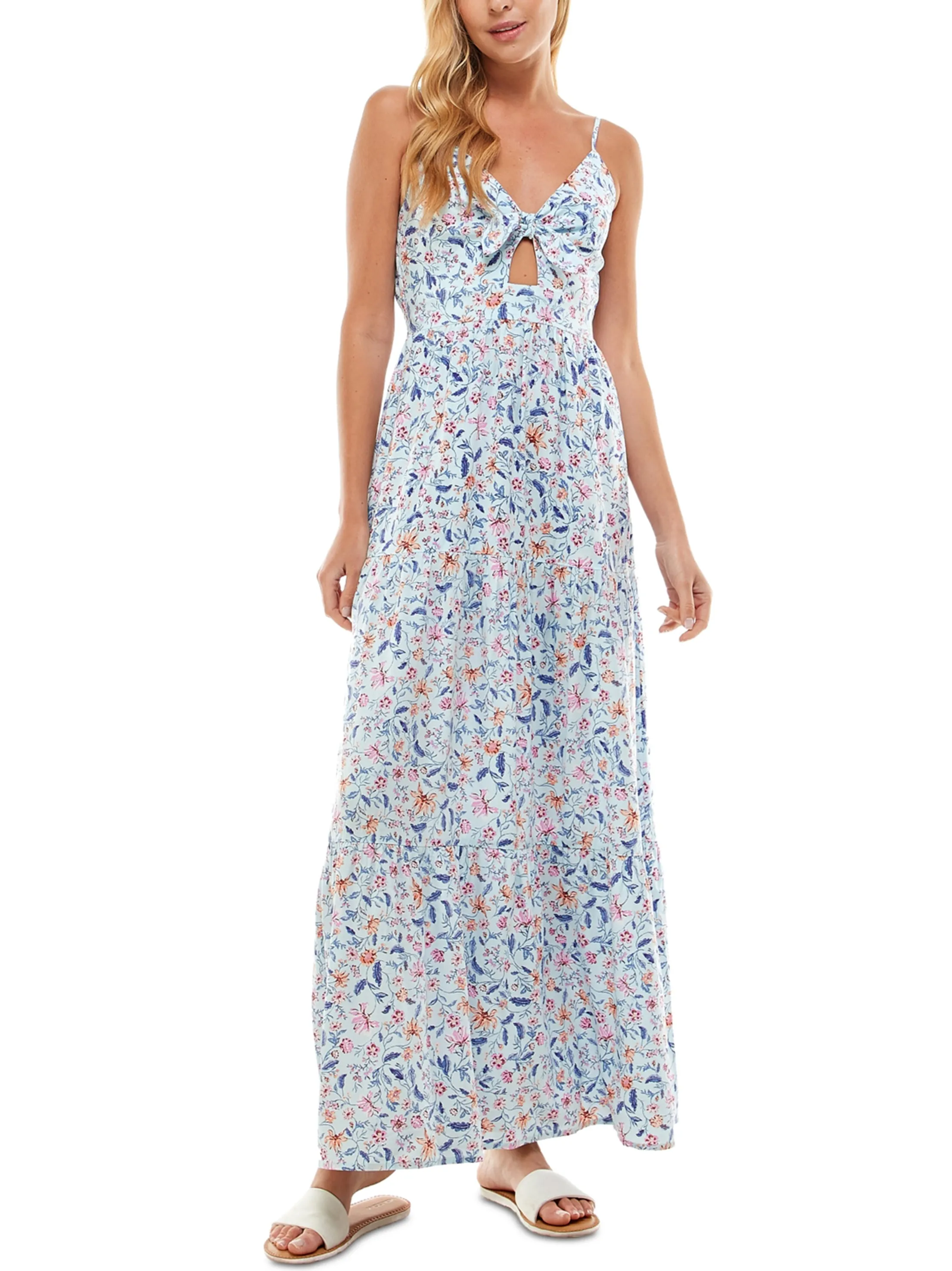 Women's Floral Tie-Front Tiered Maxi Dress,Light Blue