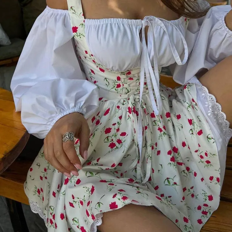 Women's Puff Sleeve Strapless Floral Midi Dress
