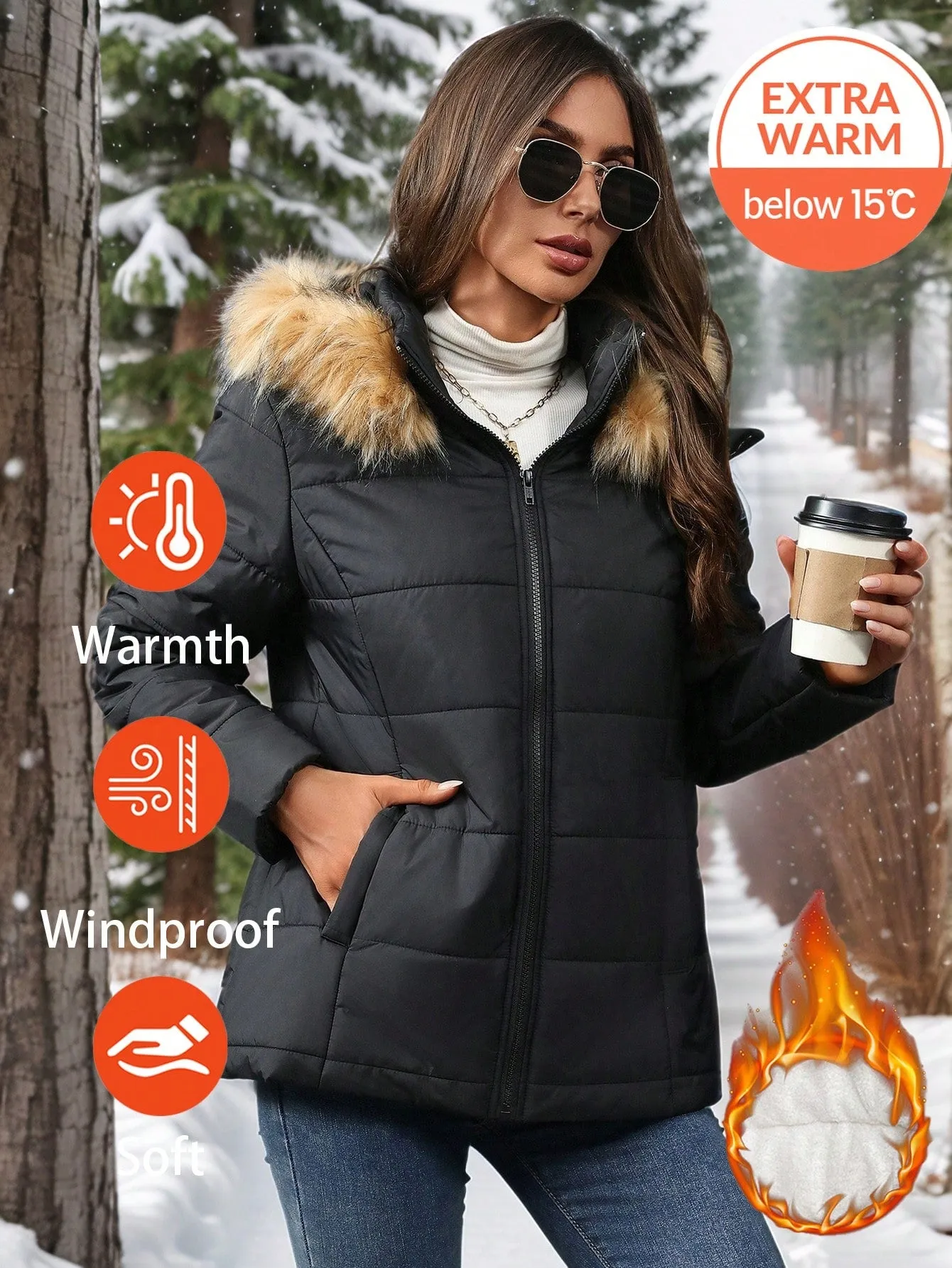 Women's Quilted Parka Jacket with Removable Fur Hood and Fleece Lining