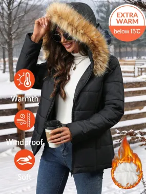 Women's Quilted Parka Jacket with Removable Fur Hood and Fleece Lining