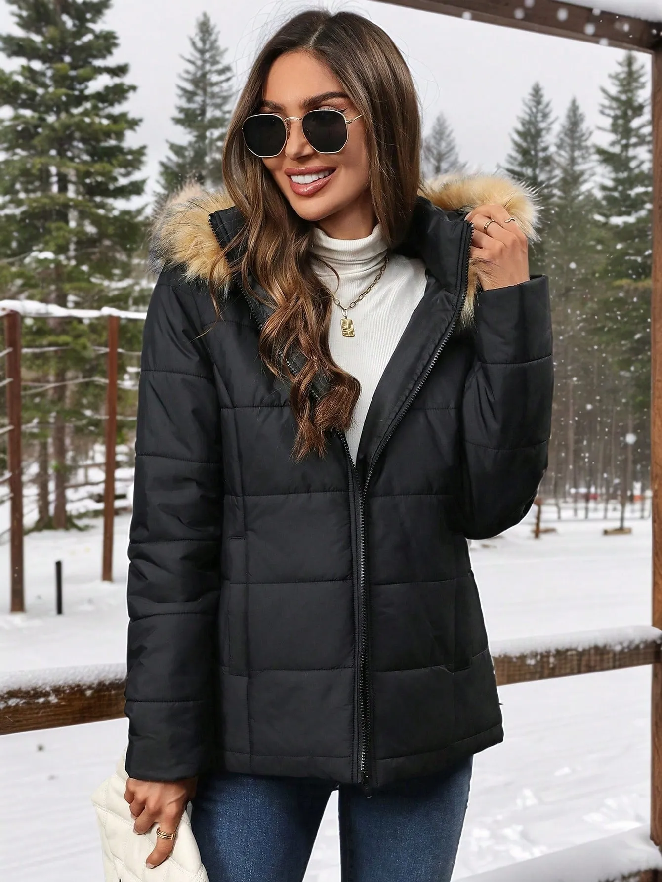 Women's Quilted Parka Jacket with Removable Fur Hood and Fleece Lining