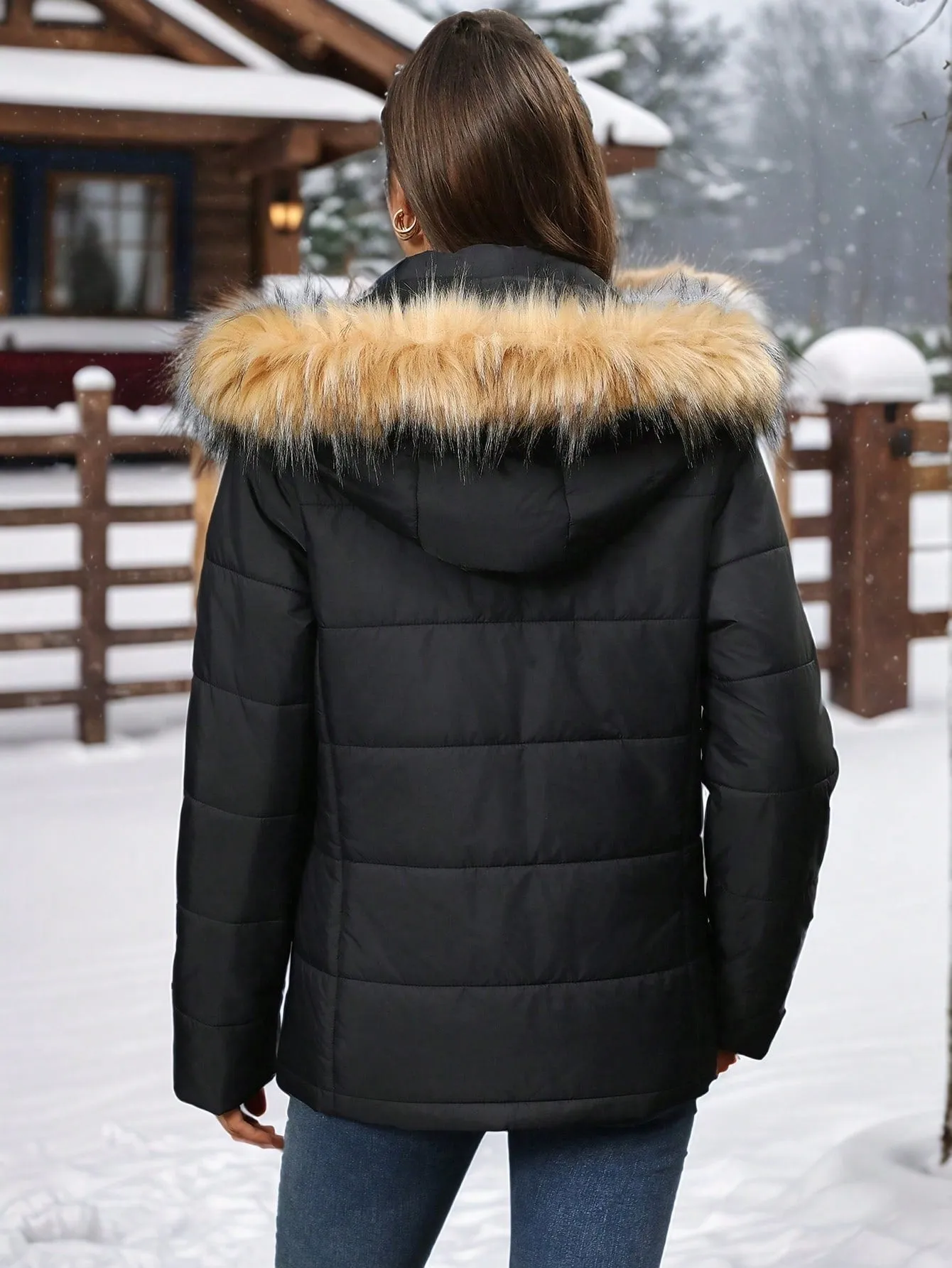 Women's Quilted Parka Jacket with Removable Fur Hood and Fleece Lining