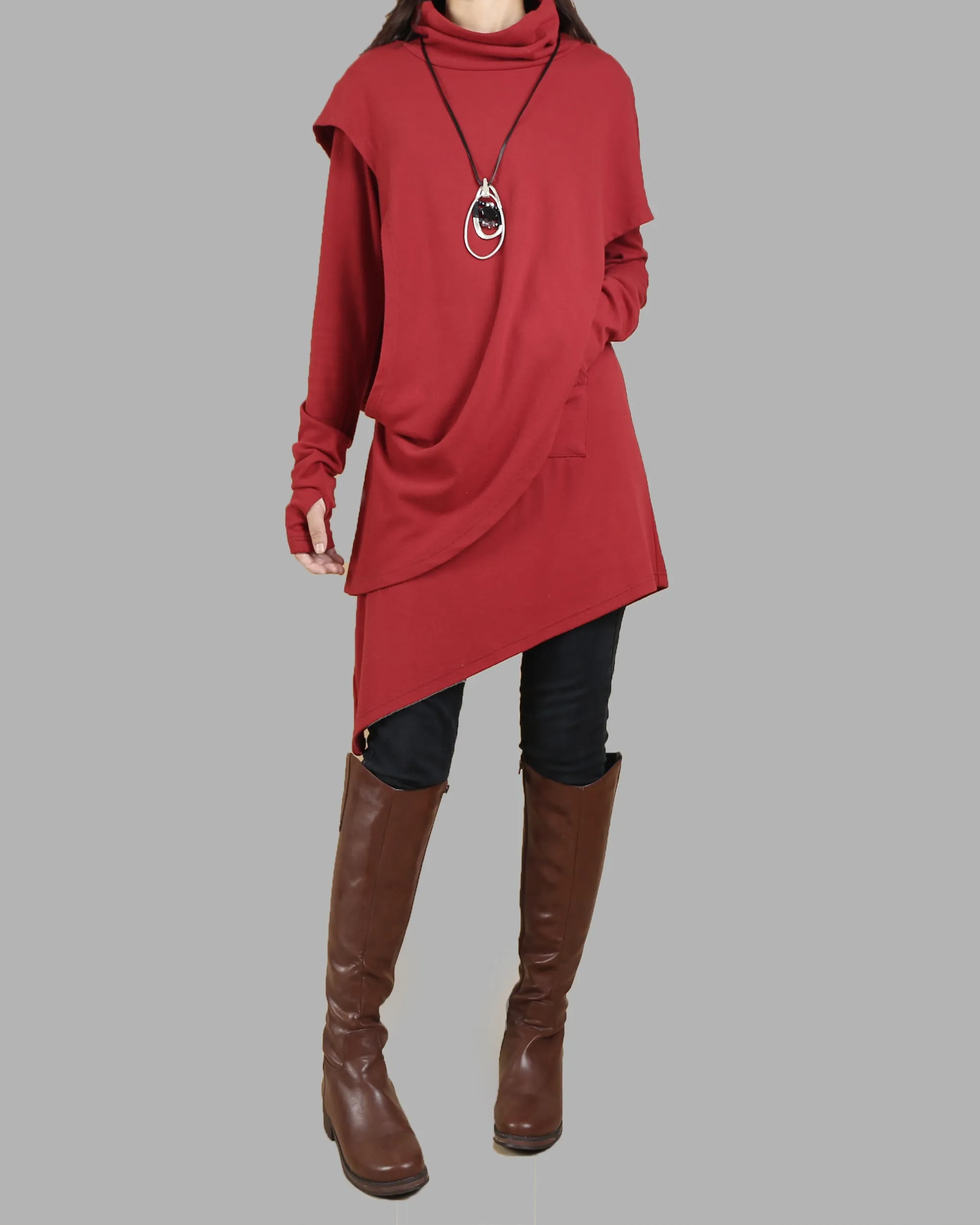 Womens Tunic Dress/Thumb hole Sleeves tunic dress/Cotton dress/High Neck Dress/Cotton Asymmetric T-shirt/Long Sleeve Tunic Top/Oversized Shirt/Casual T-shirt Customized(Y1535)