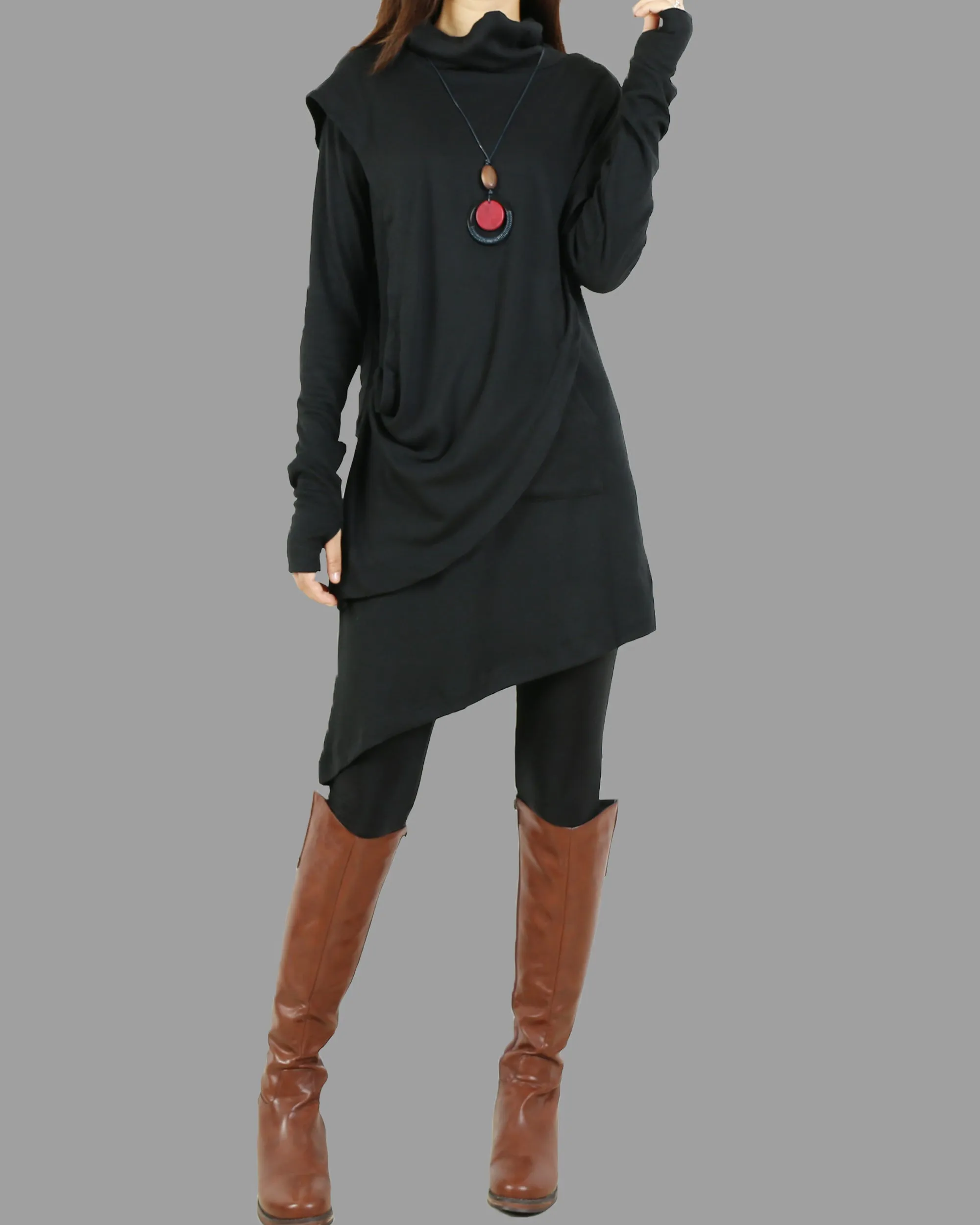 Womens Tunic Dress/Thumb hole Sleeves tunic dress/Cotton dress/High Neck Dress/Cotton Asymmetric T-shirt/Long Sleeve Tunic Top/Oversized Shirt/Casual T-shirt Customized(Y1535)