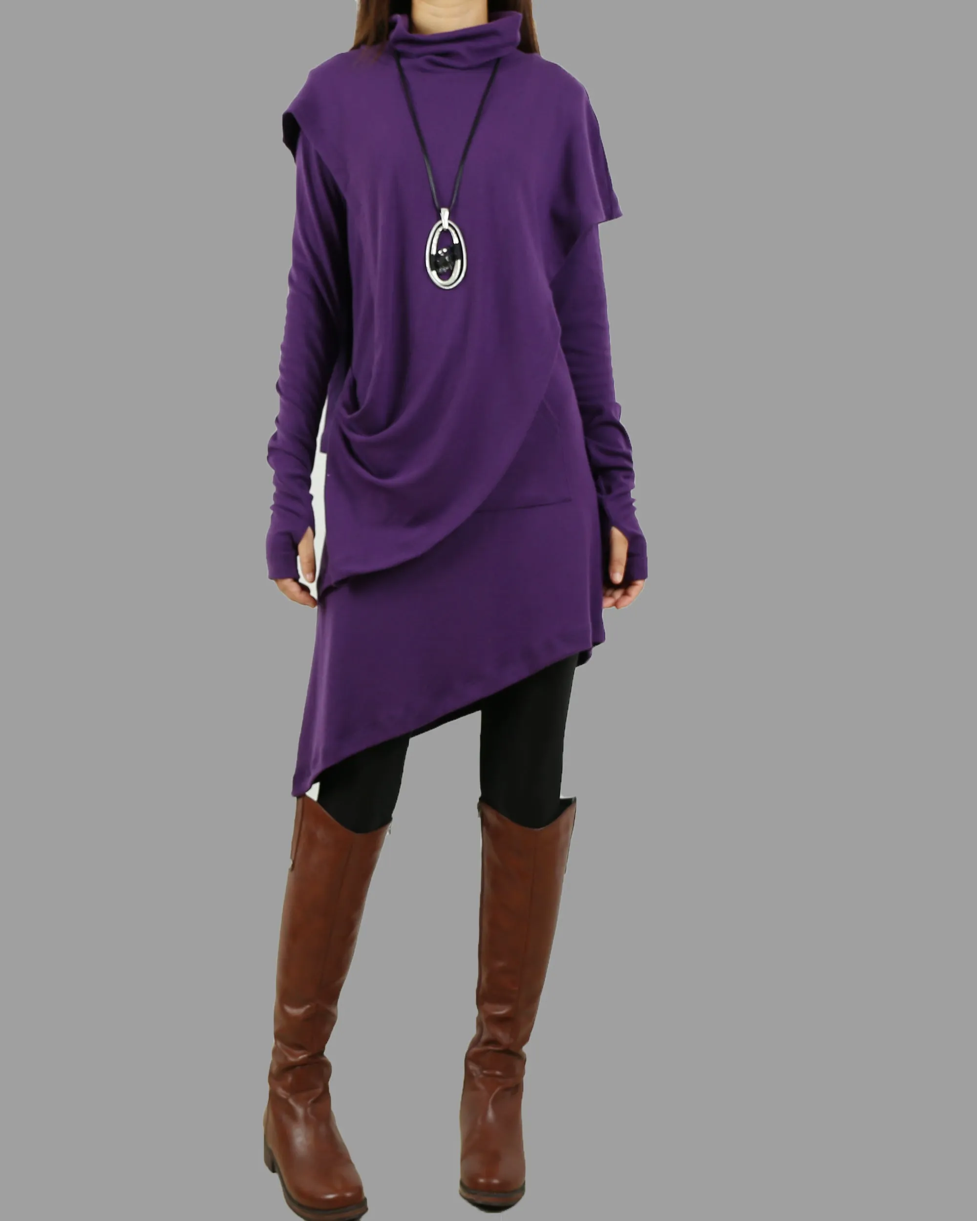 Womens Tunic Dress/Thumb hole Sleeves tunic dress/Cotton dress/High Neck Dress/Cotton Asymmetric T-shirt/Long Sleeve Tunic Top/Oversized Shirt/Casual T-shirt Customized(Y1535)